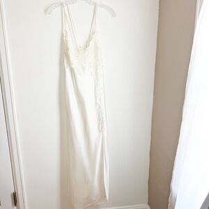 Vintage Flora Luscious Satin Slip Gown with White Lace-Trim, Side Slit